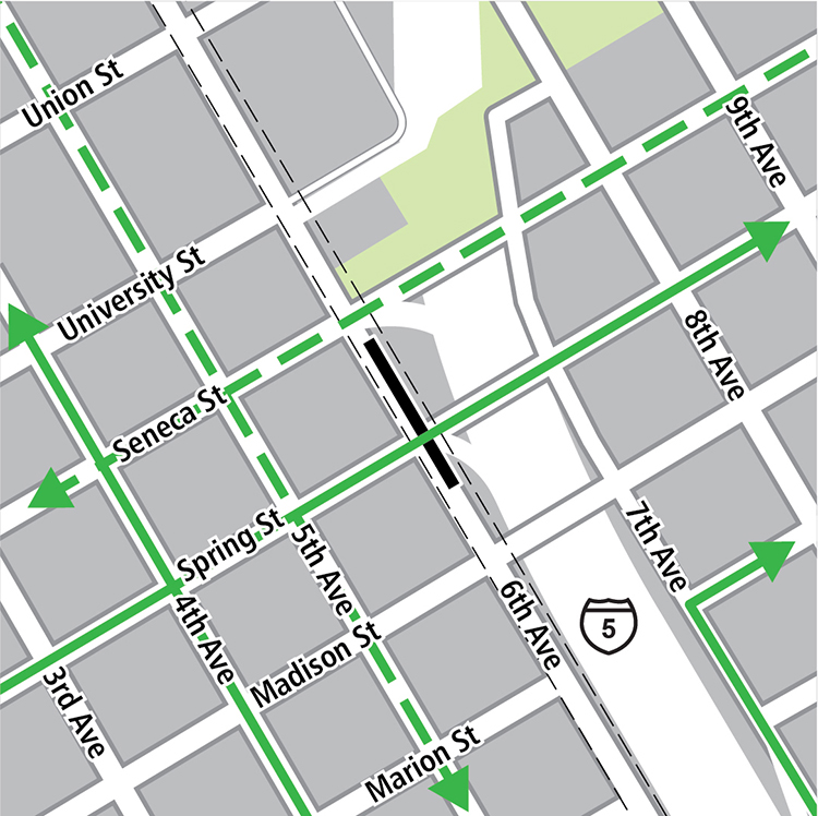 Map with boundaries of Union Street to the north, Marion Street to the south, Ninth Avenue to the east, and Third Avenue to the west. Tunnel station location is under Sixth Avenue between Seneca Street and Madison Street. Existing bike lines run on Spring Street, Fourth Avenue, on Seventh Avenue south of Marion Street, and on Marion street east of Interstate-Five. Planned bike lanes run southbound on Fifth Avenue, and on Seneca Street.